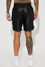 Load image into Gallery viewer, Men&#39;s New Black Cargo Leather Shorts. Real Soft Sheepskin leather Biker Shorts.
