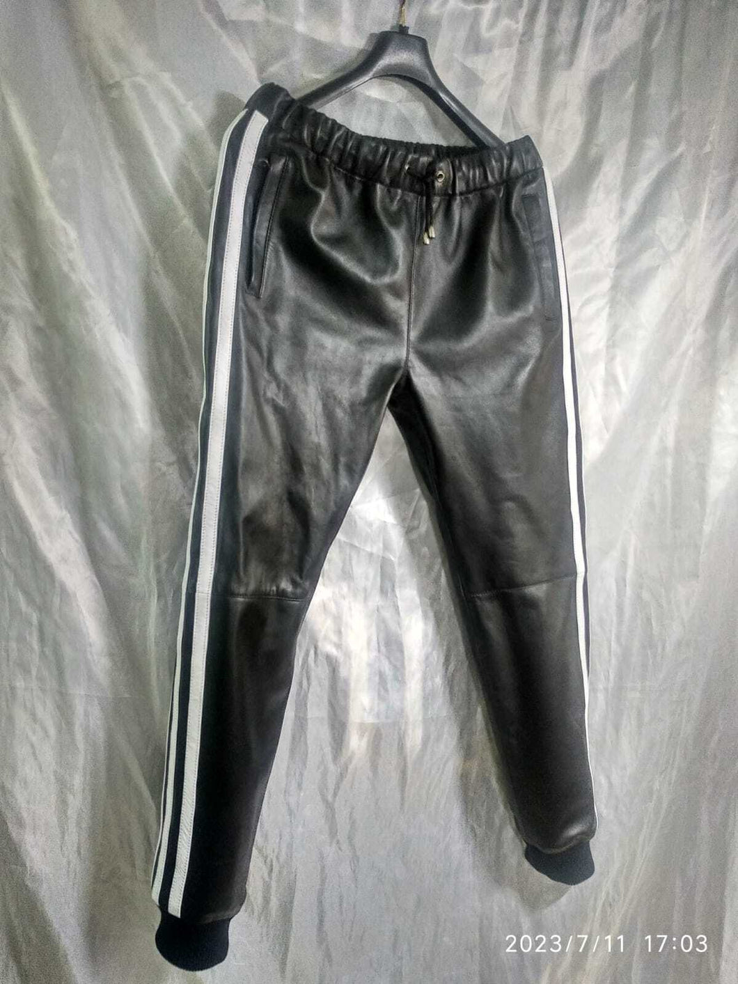 Men's Leather Black Lambskin Sweat Pants. Handmade Soft Leather Joggers trousers