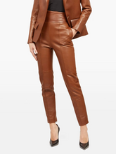 Load image into Gallery viewer, Women&#39;s New Brown Cropped Leather Pants. Real Soft Lambskin Biker Leather Pant.
