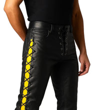 Load image into Gallery viewer, Men's Black Striped Motorcycle Leather Pant| Real Soft Sheepskin Side Laced Biker Pant.
