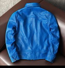 Load image into Gallery viewer, Mens Bright Blue Motorcycle Leather Jacket| Real Sheepskin Leather Biker Jacket.
