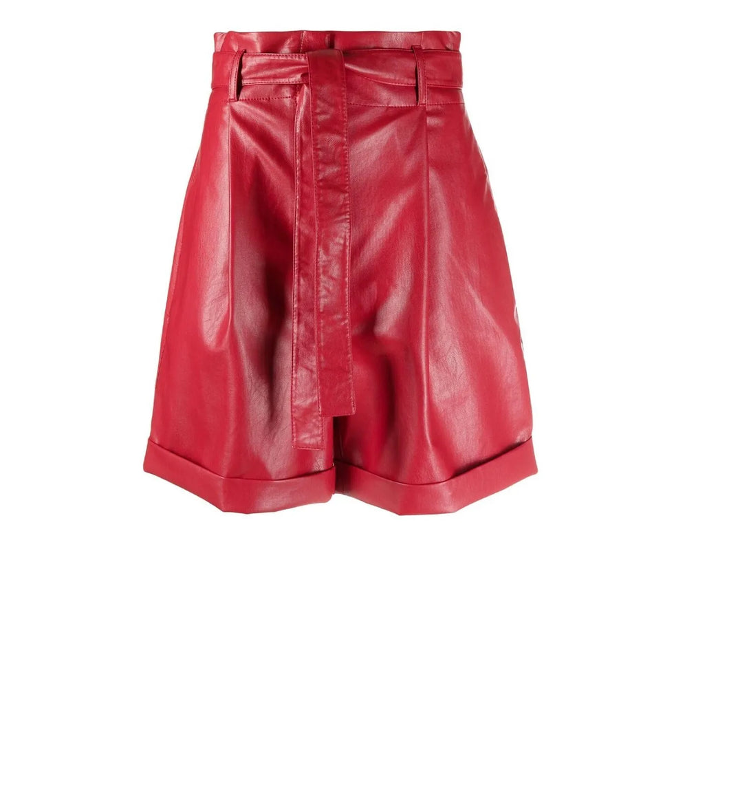 Womens New Red Bermuda Leather Shorts. Real Soft Sheepskin Leather Belted Shorts