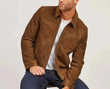 Load image into Gallery viewer, Men's Brown Suede Leather Casual Jacket| Genuine Suede Leather Biker Jacket XL.
