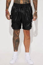 Load image into Gallery viewer, Men&#39;s New Black Cargo Leather Shorts. Real Soft Sheepskin leather Biker Shorts.
