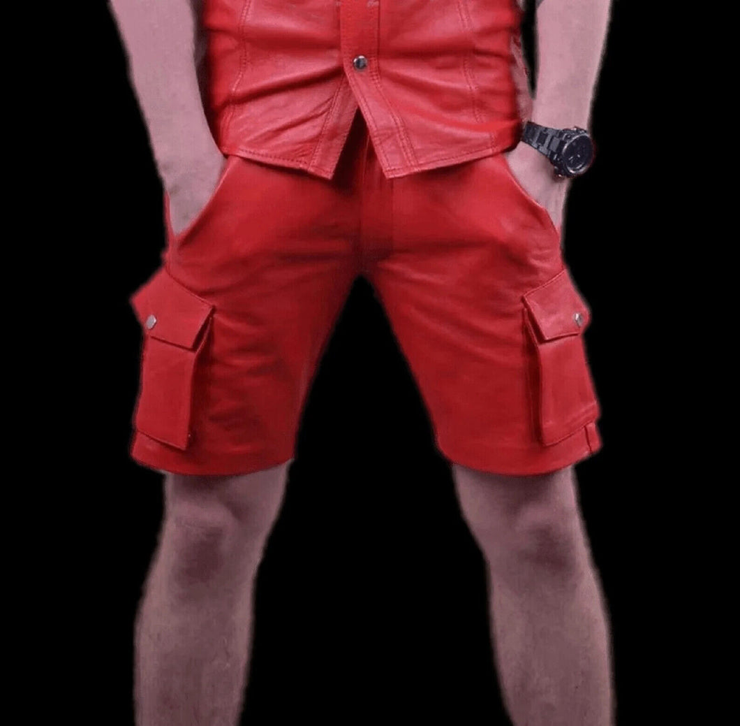 Men's Red Six Pockets leather Shorts. 2024 Real Soft Sheepskin leather Shorts.