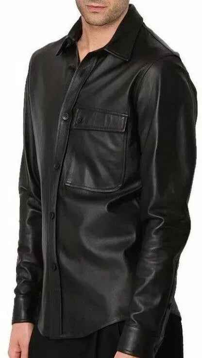 New Men's Black Casual Leather Shirt. 100% Real Soft Sheepskin leather Shirts M.