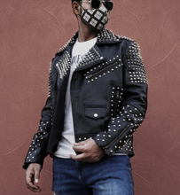 Load image into Gallery viewer, Mens New Silver Studded Biker Leather Jacket. Real Sheepskin Leather Motorcycle.
