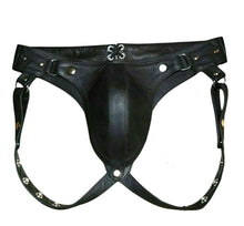 Load image into Gallery viewer, A pair of two Men&#39;s Black Pouched Thong Jock. Real Leather Breathable Jockstraps.
