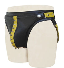 Load image into Gallery viewer, A pair of two Men&#39;s Black Gladiator Studded Brief. Real Soft Sheepskin Leather.
