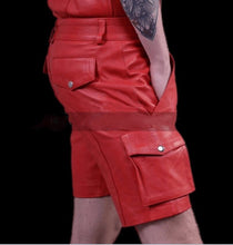 Load image into Gallery viewer, Men&#39;s Red Six Pockets leather Shorts. 2024 Real Soft Sheepskin leather Shorts.
