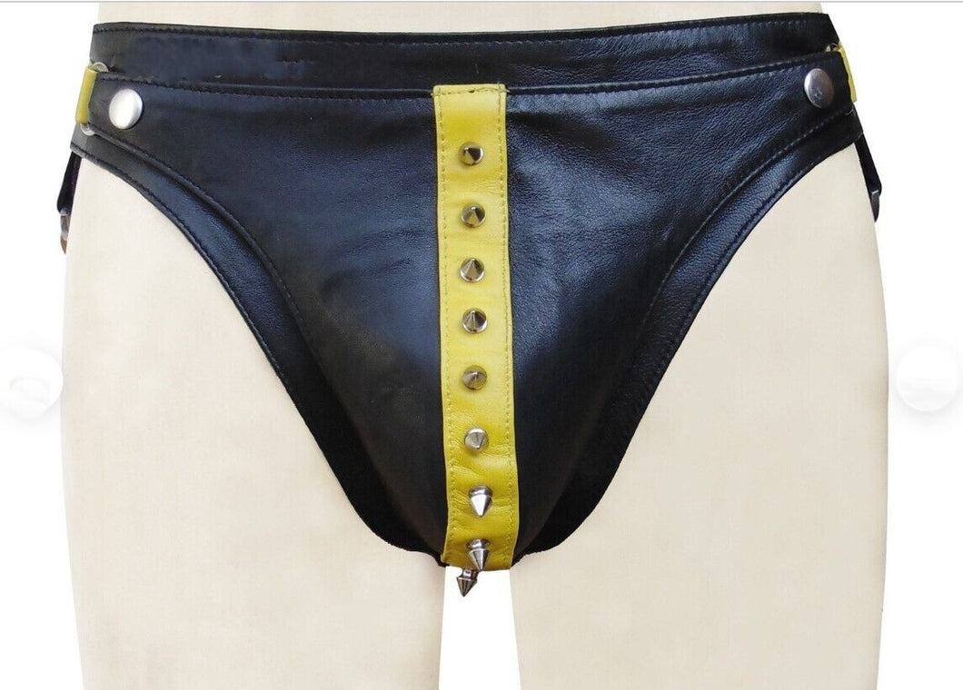 A pair of two Men's Black Gladiator Studded Brief. Real Soft Sheepskin Leather.