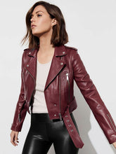 Load image into Gallery viewer, Brand New Women short Biker leather Jacket | Waist belt and extra lighter pocket
