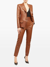 Load image into Gallery viewer, Women&#39;s New Brown Cropped Leather Pants. Real Soft Lambskin Biker Leather Pant.
