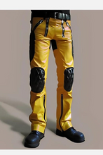 Load image into Gallery viewer, New Men&#39;s Yellow Quilted Biker Leather Pant. Real Sheepskin Striped Leather Pant.
