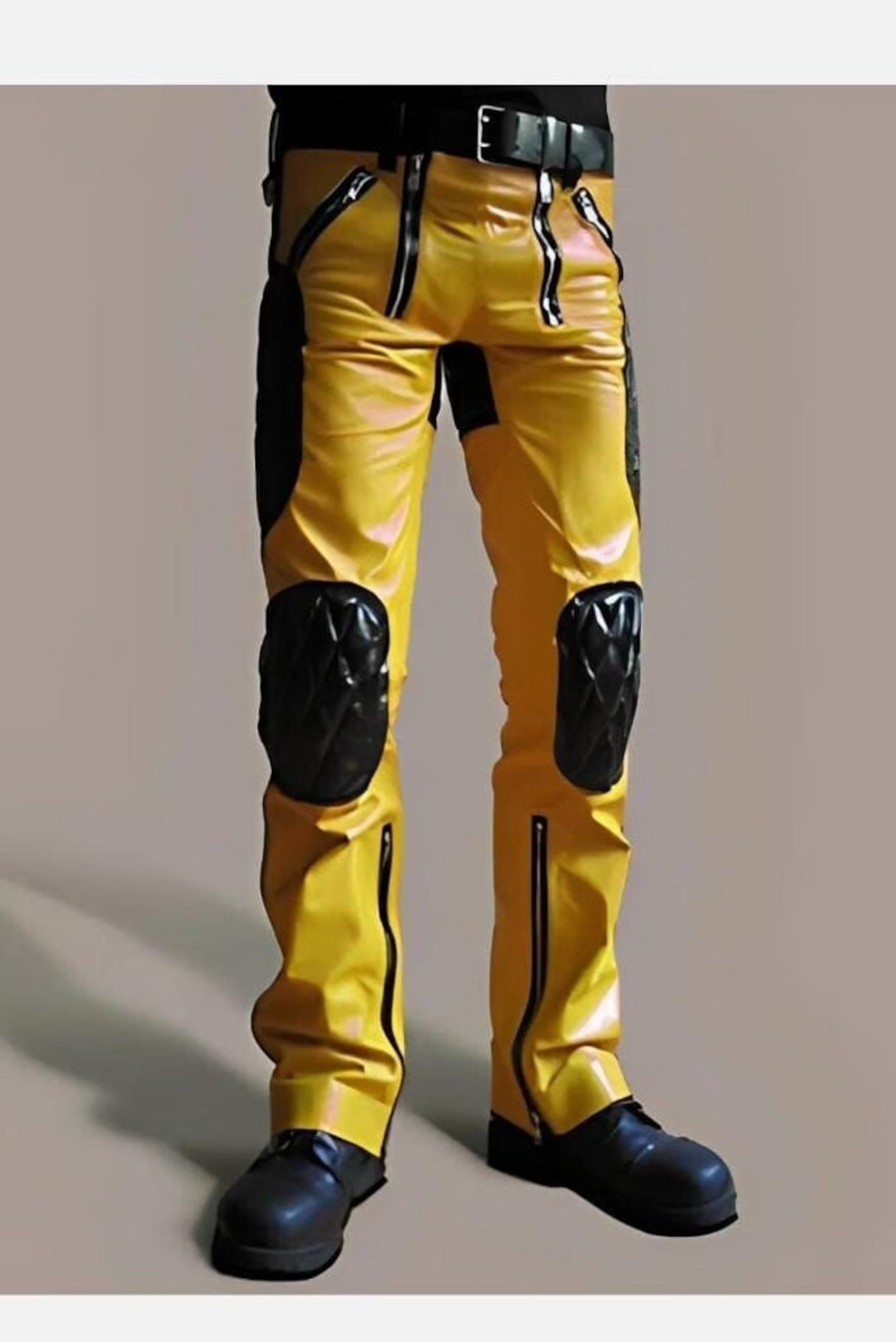 New Men's Yellow Quilted Biker Leather Pant. Real Sheepskin Striped Leather Pant.