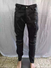 Load image into Gallery viewer, Men&#39;s New Black/ Purple Quilted Cargo Leather Pant. Real Soft Lambskin Motorcycle Leather Pant
