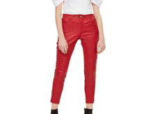 Load image into Gallery viewer, Women&#39;s Red Lace Up Capri Leather Pants. Real Soft Sheepskin Biker Leather Pant.
