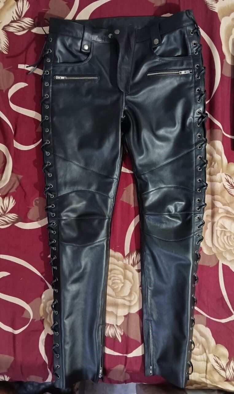 Mens Black Motorcycle Leather Pant. 2023 Real Soft Lambskin Side Lace Biker Pant.