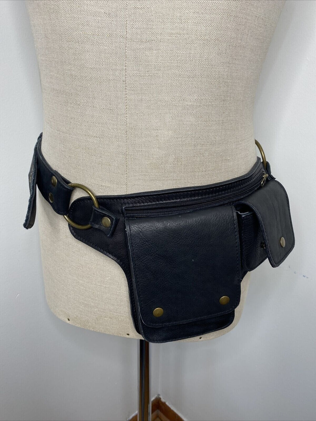 Black leather crossbody belt bag. Hip Purse Crossbody Zip Snap Steampunk Biker.