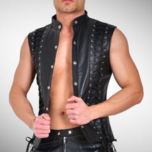 Load image into Gallery viewer, Black leather vest for mens. Real Soft sheepskin lace up motorcycle Leather Vest
