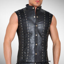 Load image into Gallery viewer, Black leather vest for mens. Real Soft sheepskin lace up motorcycle Leather Vest
