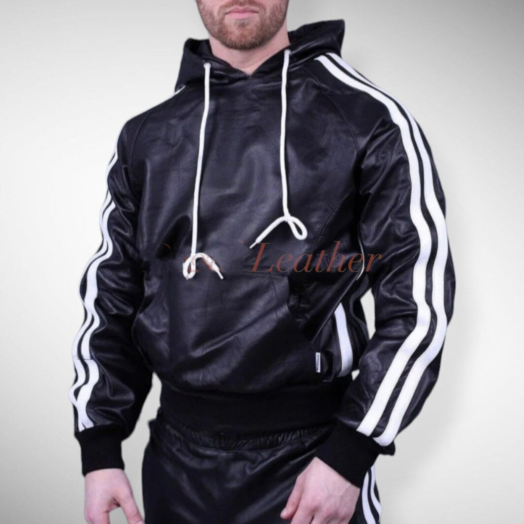 Men's & boys black Leather Hoodie & Trouser. Real Soft Sheepskin leather| Biker.