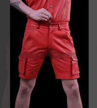 Load image into Gallery viewer, Men&#39;s Red Six Pockets leather Shorts. 2024 Real Soft Sheepskin leather Shorts.
