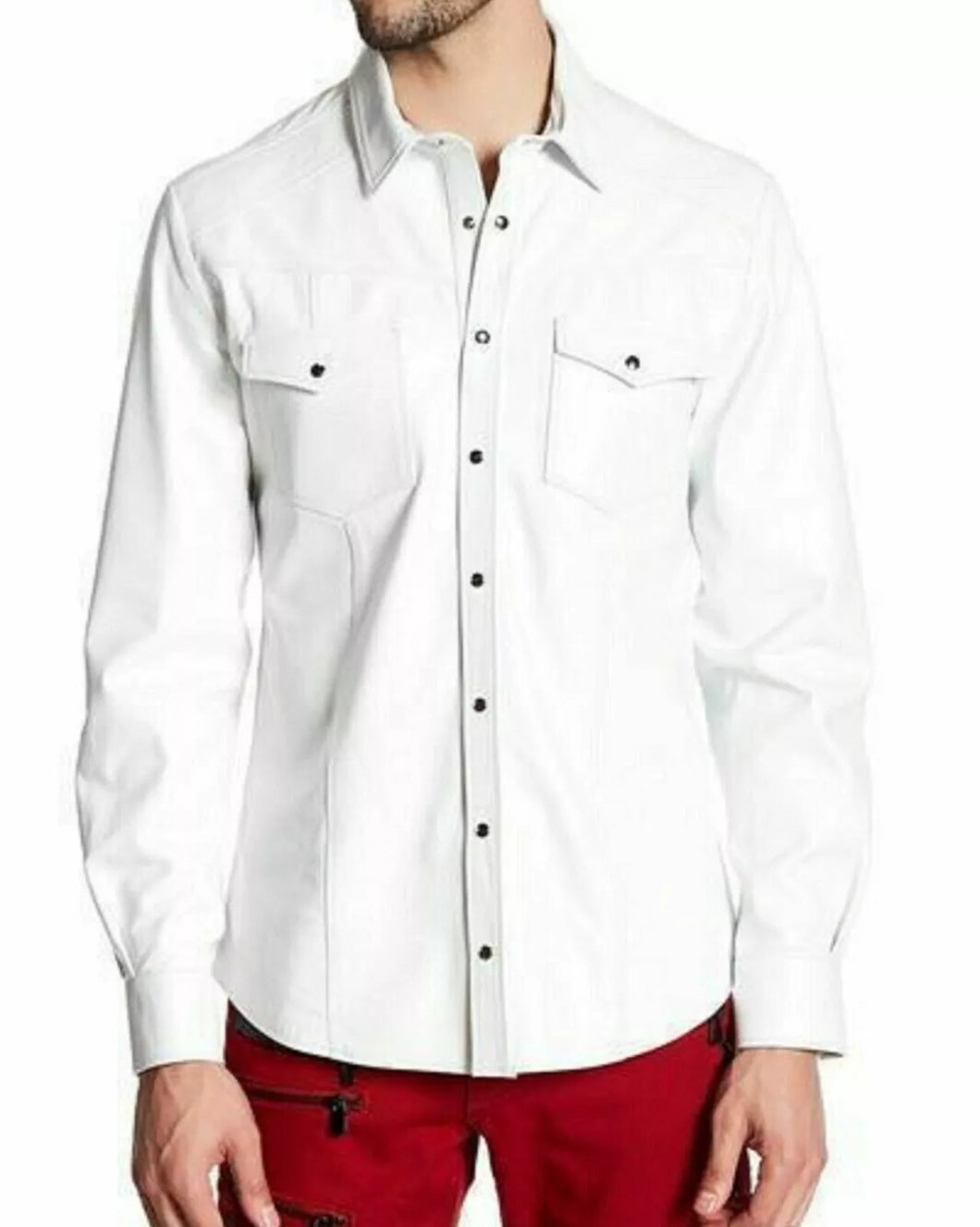 Men's New Premium White Leather Shirt. Real Soft Sheepskin Biker leather Shirts.