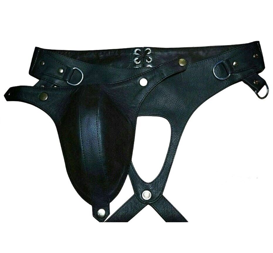 A pair of two Men's Black Pouched Thong Jock. Real Leather Breathable Jockstraps.