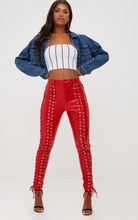 Load image into Gallery viewer, Women&#39;s Red Lace Up Capri Leather Pants. Real Soft Lambskin Biker Leather Pant..
