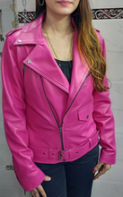 Load image into Gallery viewer, Womens Pink Biker Leather Jacket. Real Soft Sheepskin Motorcycle Leather Jacket.
