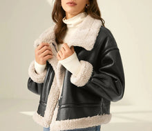 Load image into Gallery viewer, Womens New B-3 Shearling Fur Leather Jacket. Real sheepskin Black Leather Jacket
