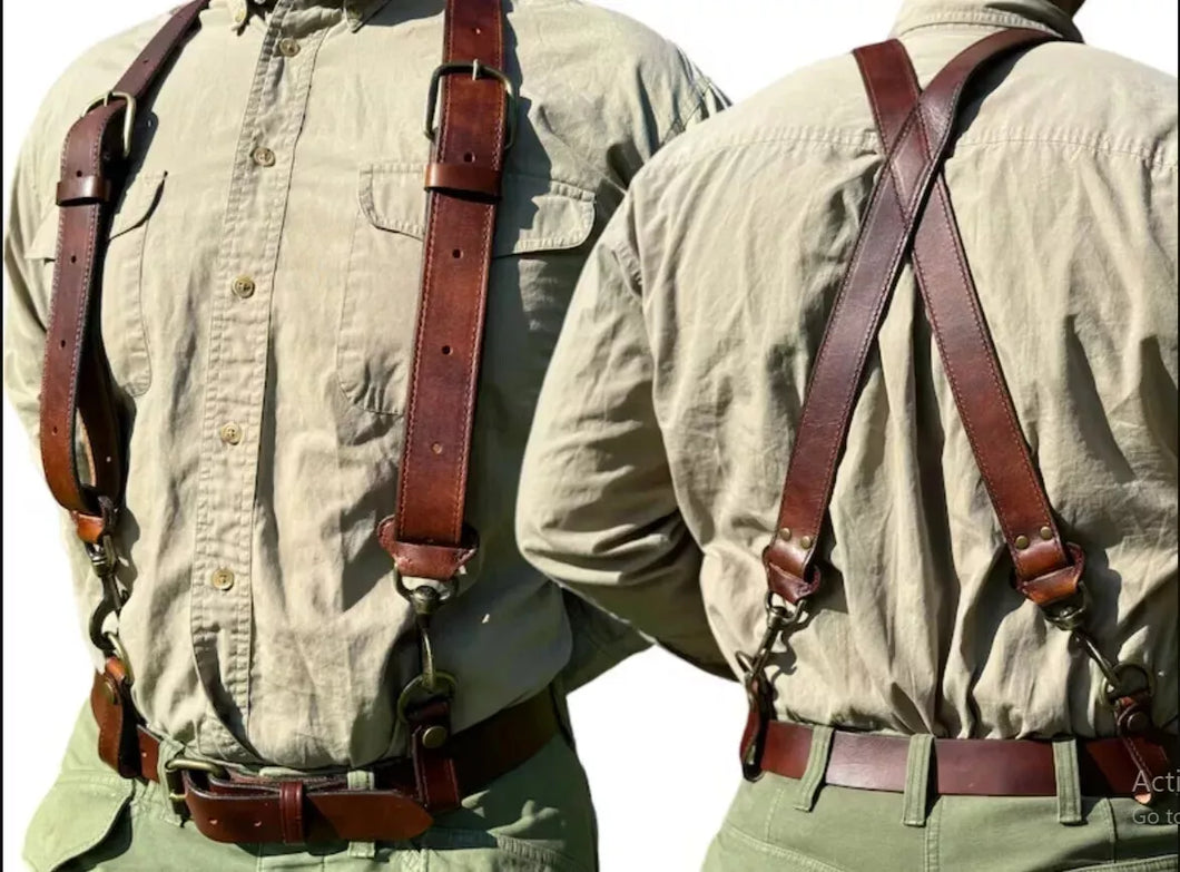 Men's New Brown Leather Suspender Belt| Genuine Cowhide Adjustable Chest Belt XL
