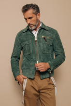 Load image into Gallery viewer, Premium Men&#39;s Green Suede Trucker Leather Jacket. 100% Real Sheepskin Leather.
