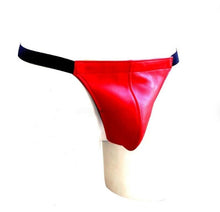 Load image into Gallery viewer, A pair of two Men&#39;s Red Double Layered Thong Jock. Real Leather Cow Jockstraps.
