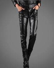 Load image into Gallery viewer, Men&#39;s New Motorcycle Leather Pant. Real Soft Lambskin Side Lace Black Biker Pant.
