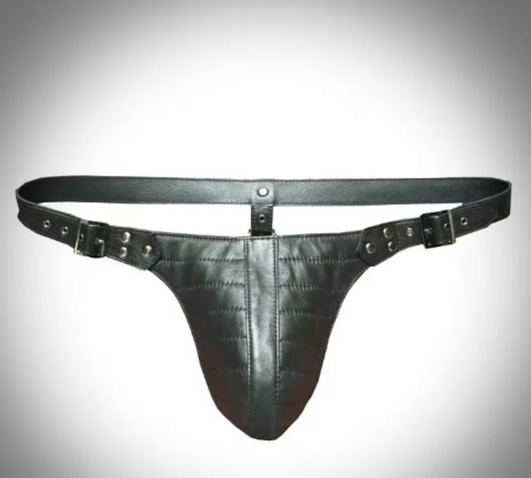 A pair of two Men's Black Double Layered Thong Jock. Real Leather Jockstraps.