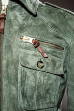 Load image into Gallery viewer, Premium Men&#39;s Green Suede Trucker Leather Jacket. 100% Real Sheepskin Leather.
