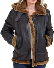 Load image into Gallery viewer, Women&#39;s B-3 Brown Shearling Leather Jacket. Real Sheepskin Leather &amp; Faux Fur.
