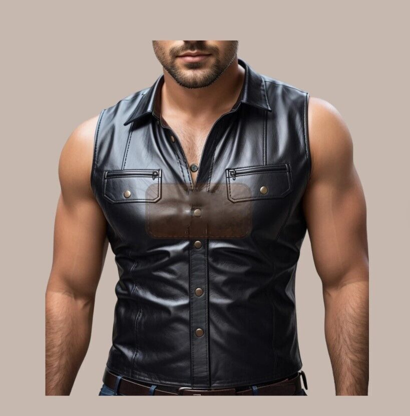 New Men's Black Biker Leather Shirt. Real Soft Sheepskin leather Collared Shirt.