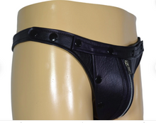 Load image into Gallery viewer, A pair of two Men&#39;s Black Leather Thong Jock. Real Leather Breathable Jockstraps
