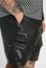 Load image into Gallery viewer, Men&#39;s New Black Cargo Leather Shorts. Real Soft Sheepskin leather Biker Shorts.
