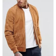 Load image into Gallery viewer, Mens Brown Collarless Suede Leather Jacket. Real Sheepskin Bomber Leather Jacket.
