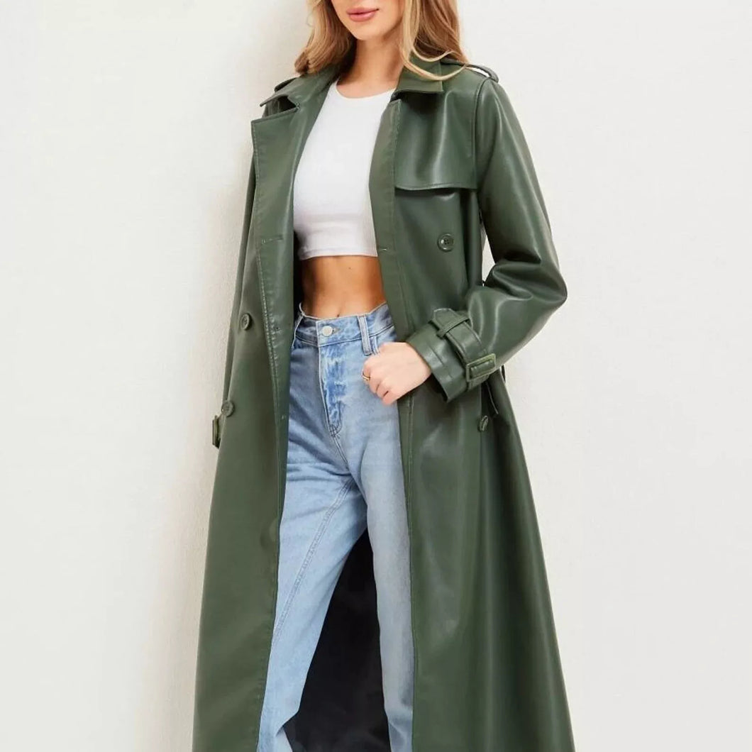 Women's New Trench Leather coat. Real Soft Lambskin Leather. Green Long Coat.