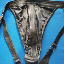 Load image into Gallery viewer, A pair of 2 Mens Black Double Layered Thong Jock. Real Soft Leather Jockstrap 34
