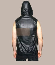 Load image into Gallery viewer, Mens New Black Motorcycle Hooded Leather Vest. Real Sheepskin Leather Biker Vest
