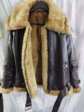 Load image into Gallery viewer, Womens Brown Shearling Leather Jacket. Real Sheepskin Leather &amp; Faux Fur Jacket.
