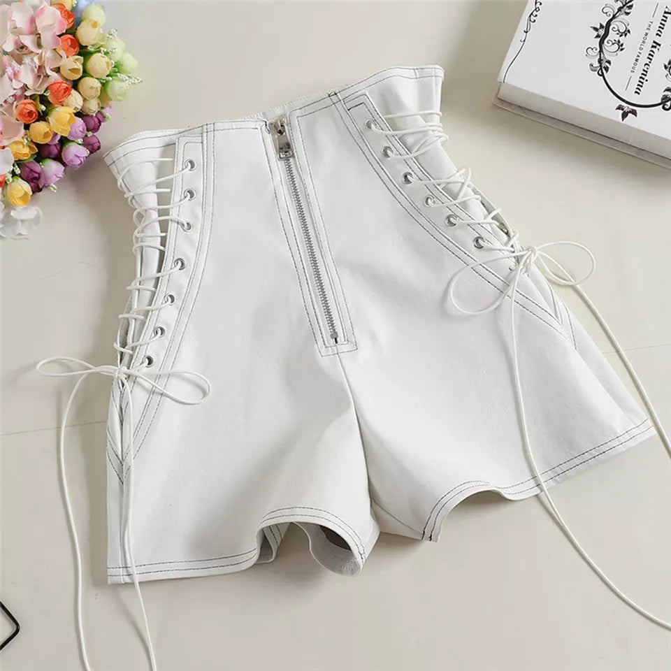 New Women's White leather shorts. Real Soft lambskin laced-up leather Shorts.