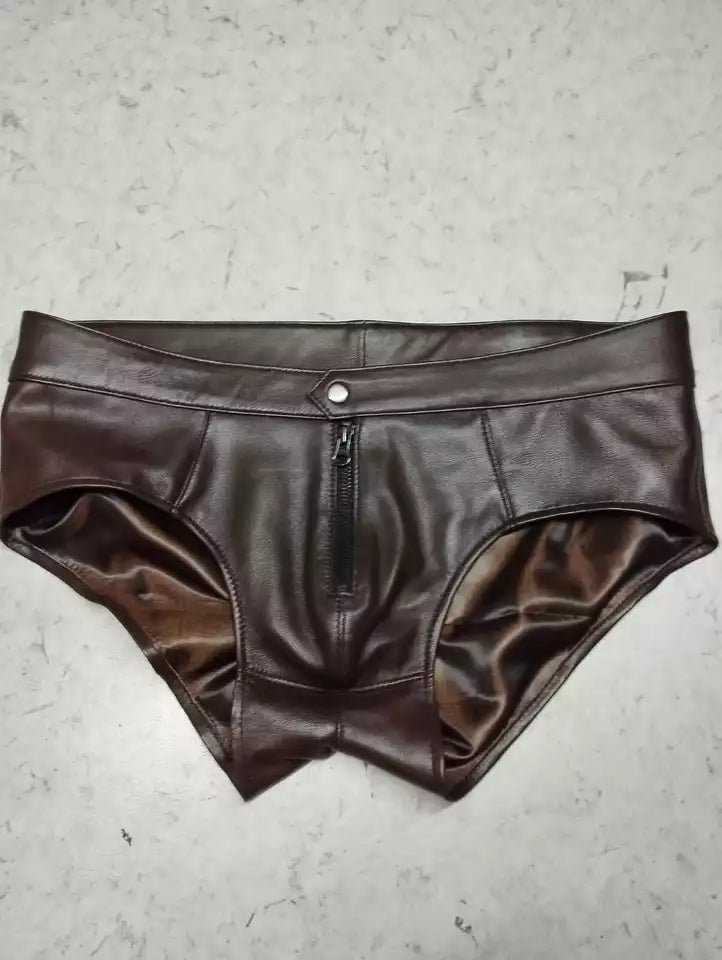 New Men's Brown Leather Brief. Real Soft Sheepskin Leather Underwears.