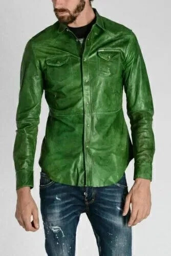 New Men's Green Leather Shirt Jacket| Genuine Lambskin Casual leather Shirts XL.